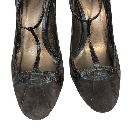 Ann Taylor Loft Brown Suede & Faux Croc Leather T-Strap Heels Size 6.5 Flapper - Picture 6 of 7
